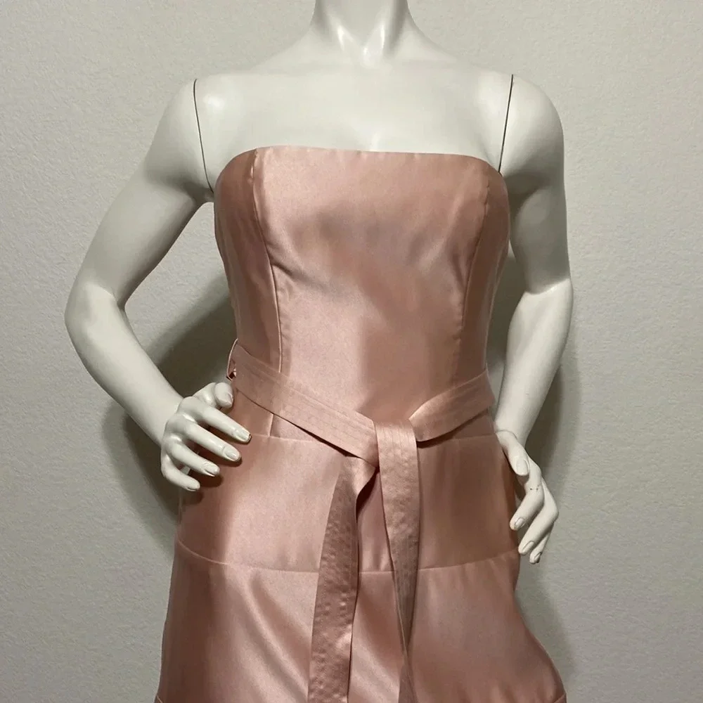 BCBGMaxAzria Pink Satin Strapless Belted Midi Dress Size 2